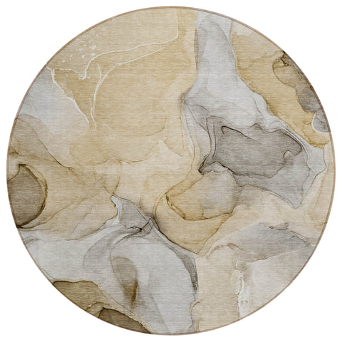 8' Round Brown Round Abstract Washable Non Skid Indoor Outdoor Area Rug