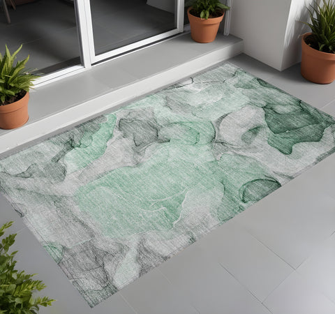3' X 5' Green Abstract Washable Non Skid Indoor Outdoor Area Rug