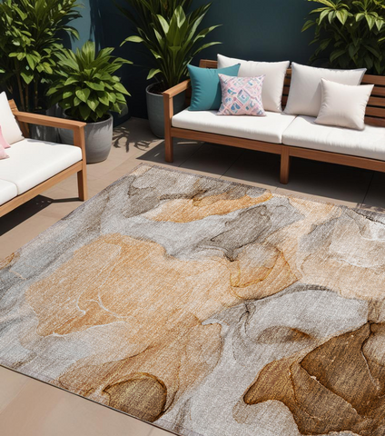 8' X 10' Orange Abstract Washable Non Skid Indoor Outdoor Area Rug