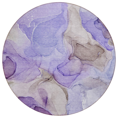 8' Round Gray and Purple Round Abstract Washable Non Skid Indoor Outdoor Area Rug