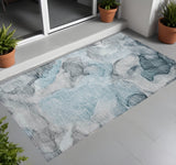 3' X 5' Teal Abstract Washable Non Skid Indoor Outdoor Area Rug