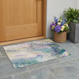 2' X 3' Beige Blue and Gray Abstract Washable Non Skid Indoor Outdoor Area Rug