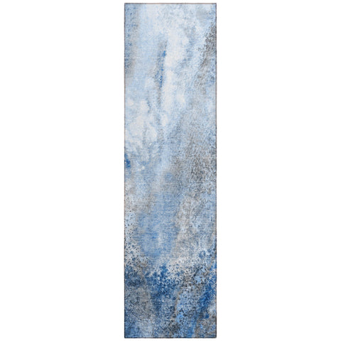 8' Runner Ivory Blue and Gray Abstract Washable Non Skid Indoor Outdoor Runner Rug