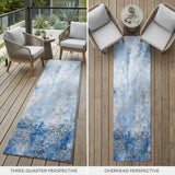 8' Runner Ivory Blue and Gray Abstract Washable Non Skid Indoor Outdoor Runner Rug