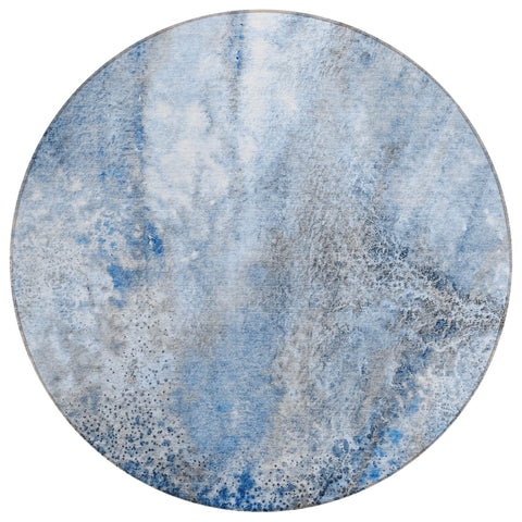 8' Round Ivory Blue and Gray Round Abstract Washable Non Skid Indoor Outdoor Area Rug