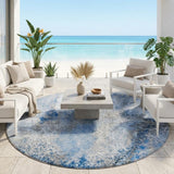 8' Round Ivory Blue and Gray Round Abstract Washable Non Skid Indoor Outdoor Area Rug