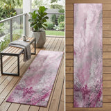8' Runner Pink Abstract Washable Non Skid Indoor Outdoor Runner Rug