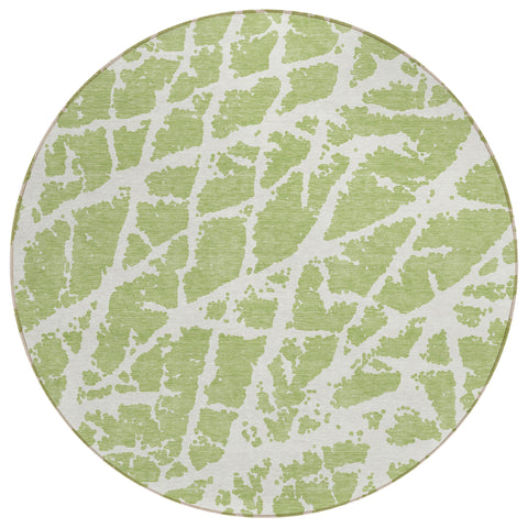 8' Round Green and White Round Abstract Washable Non Skid Indoor Outdoor Area Rug