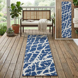 8' Runner Blue and White Abstract Washable Non Skid Indoor Outdoor Runner Rug