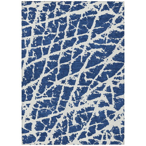 5' X 8' Blue and White Abstract Washable Non Skid Indoor Outdoor Area Rug