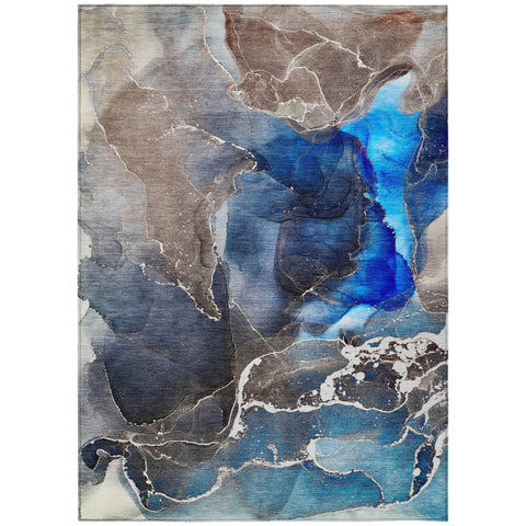 3' X 5' Blue Abstract Washable Non Skid Indoor Outdoor Area Rug
