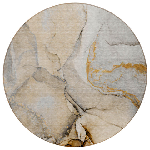 8' Round Beige Round Abstract Washable Non Skid Indoor Outdoor Area Rug