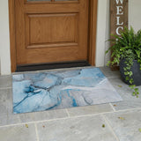 3' X 5' Blue and Ivory Abstract Washable Non Skid Indoor Outdoor Area Rug
