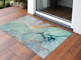 3' X 5' Teal Blue Abstract Washable Indoor Outdoor Area Rug