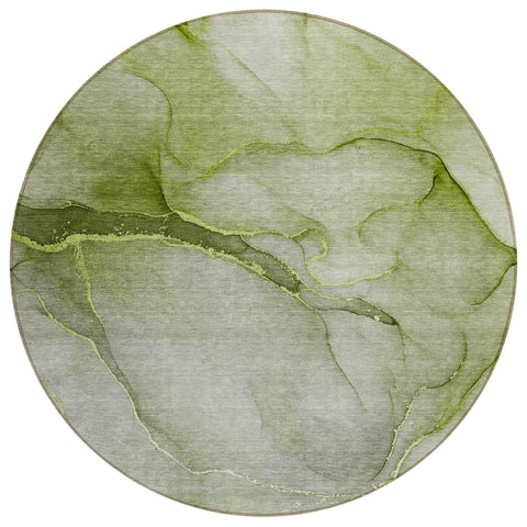 8' Olive Green Round Abstract Washable Indoor Outdoor Area Rug