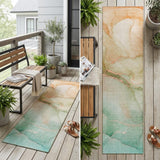 8' Runner Teal Abstract Washable Non Skid Indoor Outdoor Runner Rug