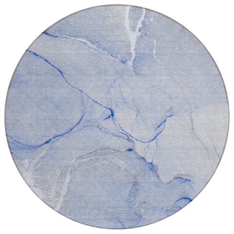 8' Round Blue Round Abstract Washable Non Skid Indoor Outdoor Area Rug