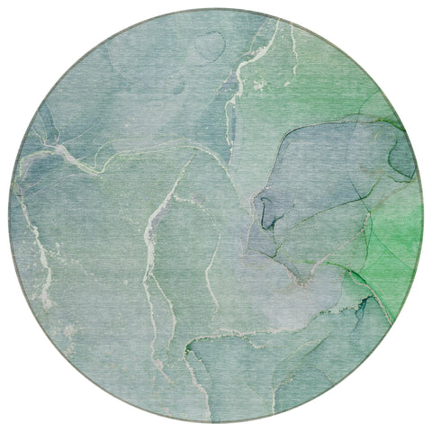8' Round Teal Round Abstract Washable Non Skid Indoor Outdoor Area Rug