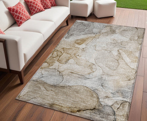 5' X 8' Beige Abstract Washable Non Skid Indoor Outdoor Area Rug