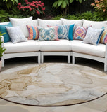 8' Round Beige Round Abstract Washable Non Skid Indoor Outdoor Area Rug