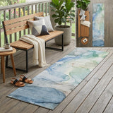 8' Runner Blue Abstract Washable Non Skid Indoor Outdoor Runner Rug