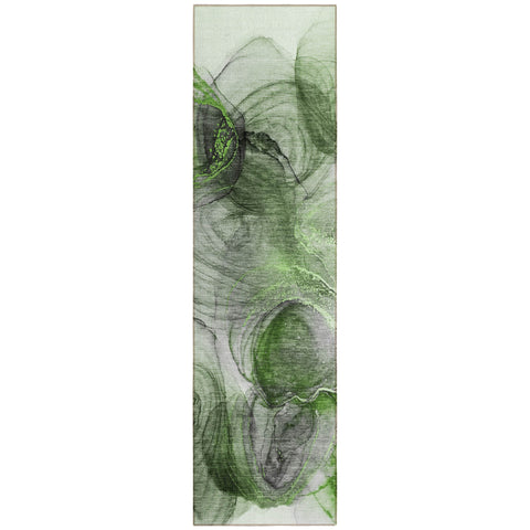 8' Runner Olive Green Abstract Washable Non Skid Indoor Outdoor Runner Rug