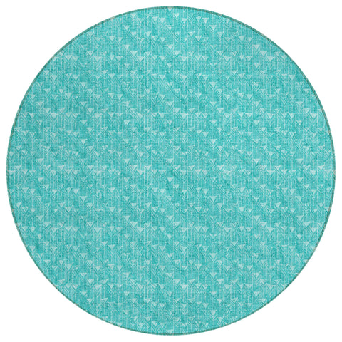 8' Round Turquoise Round Geometric Washable Non Skid Indoor Outdoor Area Rug