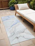 8' Runner Ivory Blue and Gray Abstract Washable Non Skid Indoor Outdoor Runner Rug