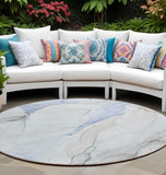 8' Round Ivory Blue and Gray Round Abstract Washable Non Skid Indoor Outdoor Area Rug