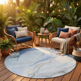 8' Round Ivory Blue and Gray Round Abstract Washable Non Skid Indoor Outdoor Area Rug