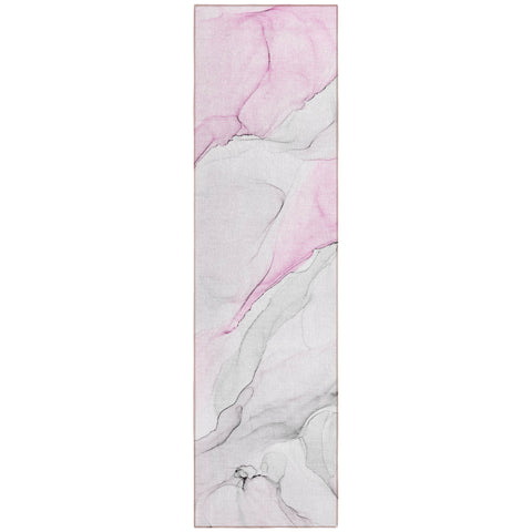 8' Runner Gray and Pink Abstract Washable Non Skid Indoor Outdoor Runner Rug