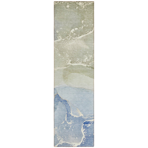 2' X 8' Blue and Green Abstract Washable Indoor Outdoor Runner Rug