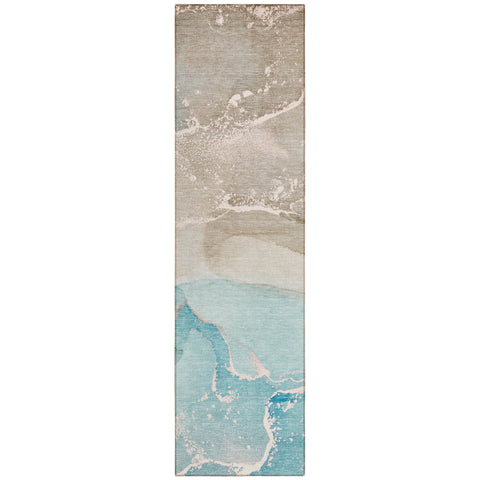 8' Runner Teal Abstract Washable Non Skid Indoor Outdoor Runner Rug