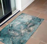 2' X 3' Teal Abstract Washable Non Skid Indoor Outdoor Area Rug