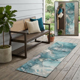 8' Runner Teal Abstract Washable Non Skid Indoor Outdoor Runner Rug