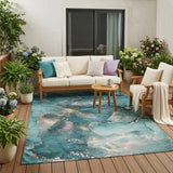 5' X 8' Teal Abstract Washable Non Skid Indoor Outdoor Area Rug