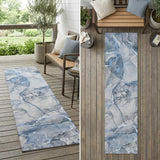 8' Runner Blue and Gray Abstract Washable Non Skid Indoor Outdoor Runner Rug