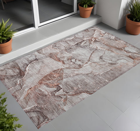 3' X 5' Gray and Red Abstract Washable Non Skid Indoor Outdoor Area Rug