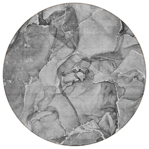 8' Round Gray and Ivory Round Abstract Washable Non Skid Indoor Outdoor Area Rug