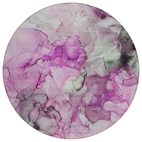 8' Round Gray and Purple Round Abstract Washable Non Skid Indoor Outdoor Area Rug
