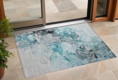 2' X 3' Teal Abstract Washable Non Skid Indoor Outdoor Area Rug