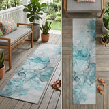 8' Runner Teal Abstract Washable Non Skid Indoor Outdoor Runner Rug