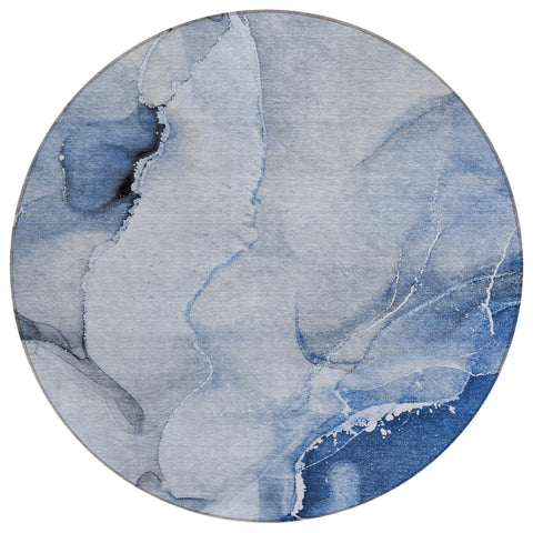 8' Round Blue and Gray Round Abstract Washable Non Skid Indoor Outdoor Area Rug