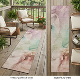 8' Runner Teal Abstract Washable Non Skid Indoor Outdoor Runner Rug