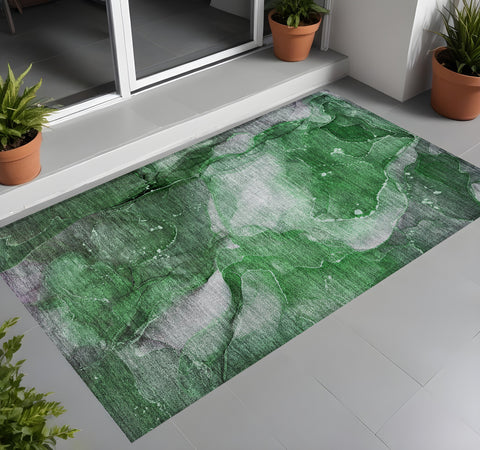 2' X 3' Emerald Abstract Washable Non Skid Indoor Outdoor Area Rug
