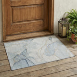 2' X 3' Beige and Blue Abstract Washable Non Skid Indoor Outdoor Area Rug
