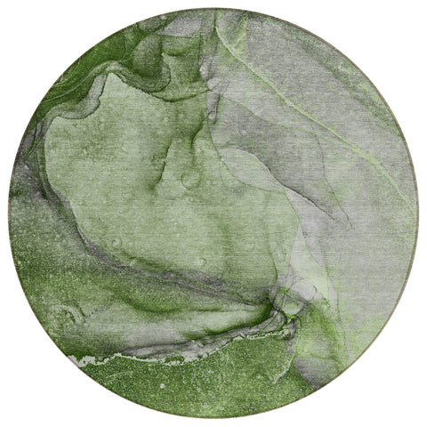 8' Round Olive Green Round Abstract Washable Non Skid Indoor Outdoor Area Rug