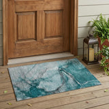 2' X 3' Teal Abstract Washable Non Skid Indoor Outdoor Area Rug