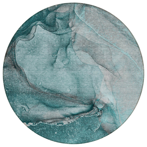8' Round Teal Round Abstract Washable Non Skid Indoor Outdoor Area Rug