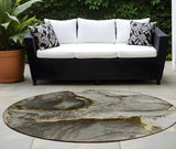 8' Round Gray and Gold Round Abstract Washable Non Skid Indoor Outdoor Area Rug